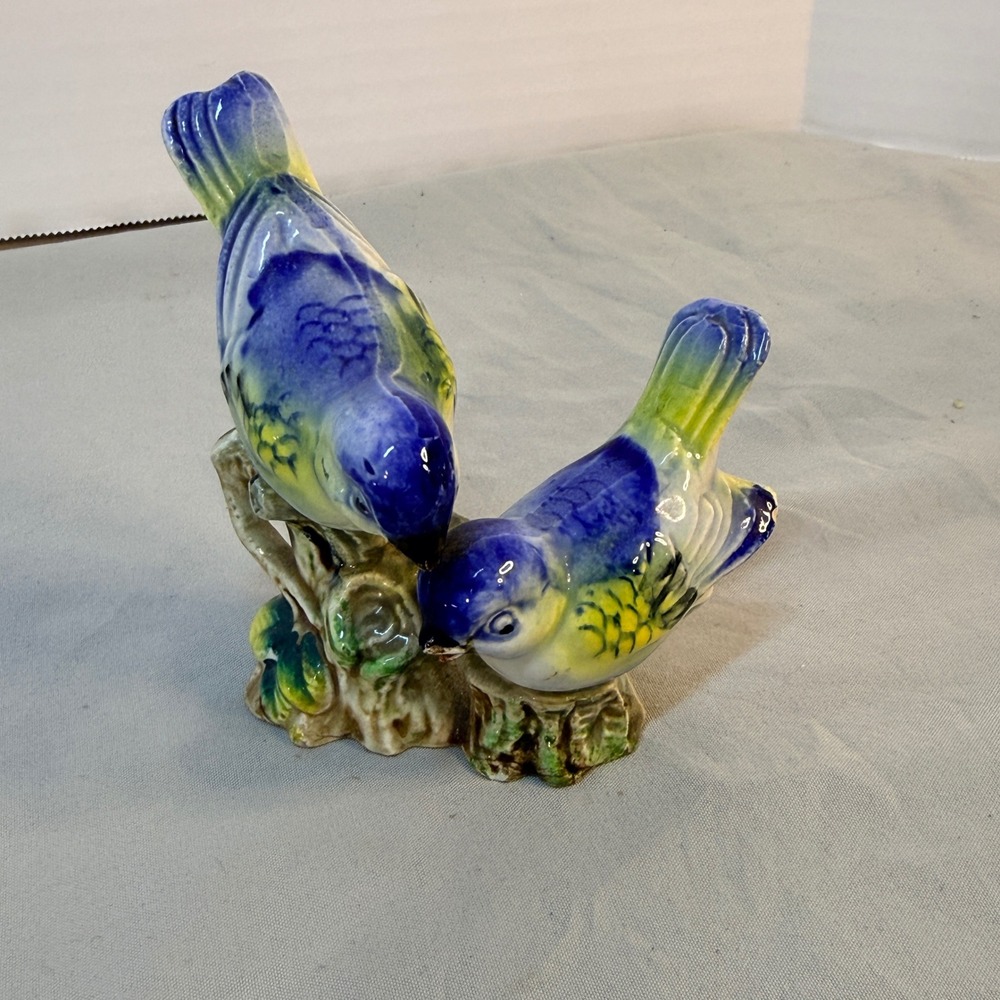 Vintage Porcelain Blue and Yellow Birds Figurine Two Birds on Stump Decor